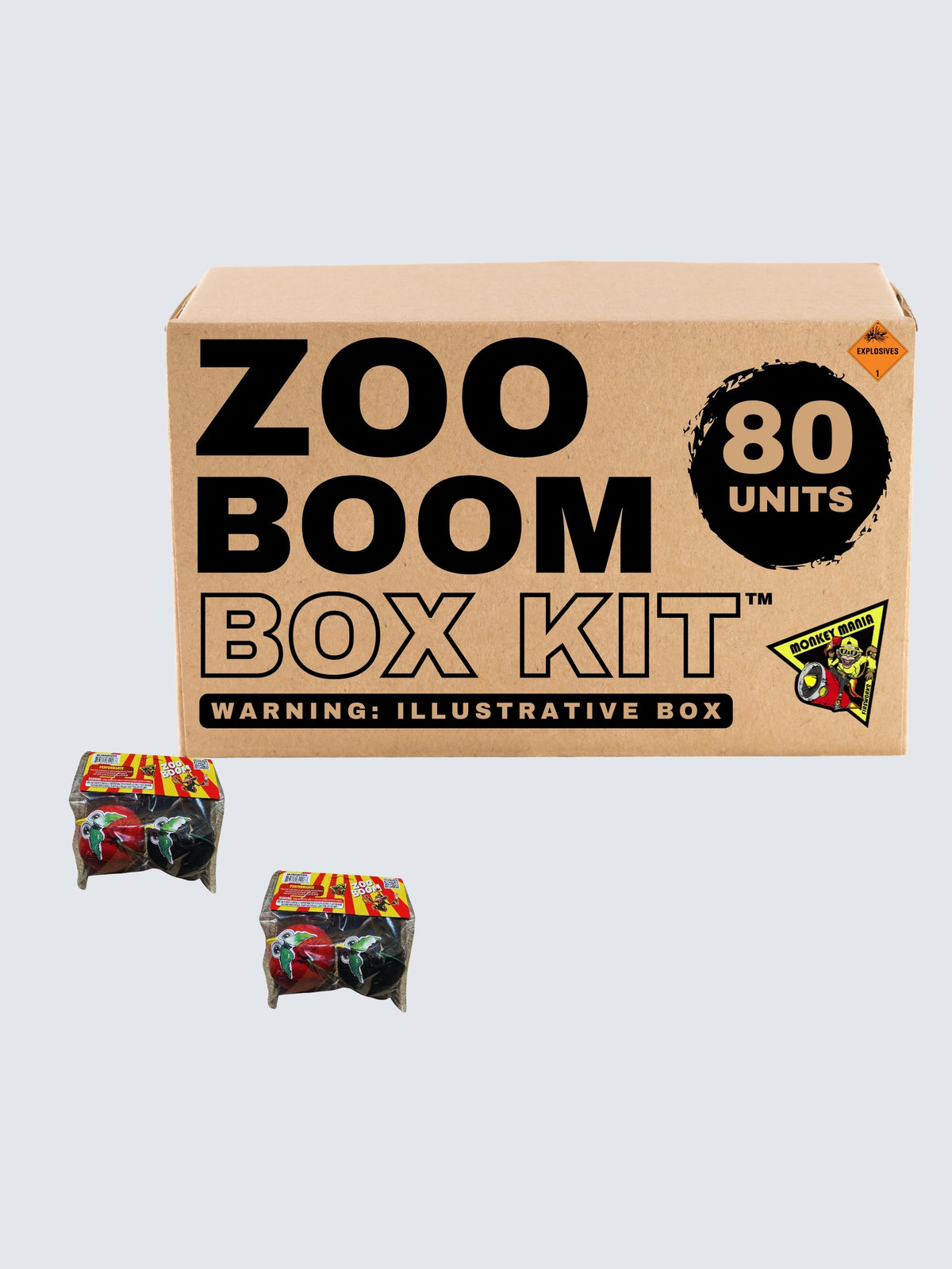 Zoo Boom novelty fireworks by Monkey Mania, 80-unit box kit featuring red and black animal-shaped fireworks.