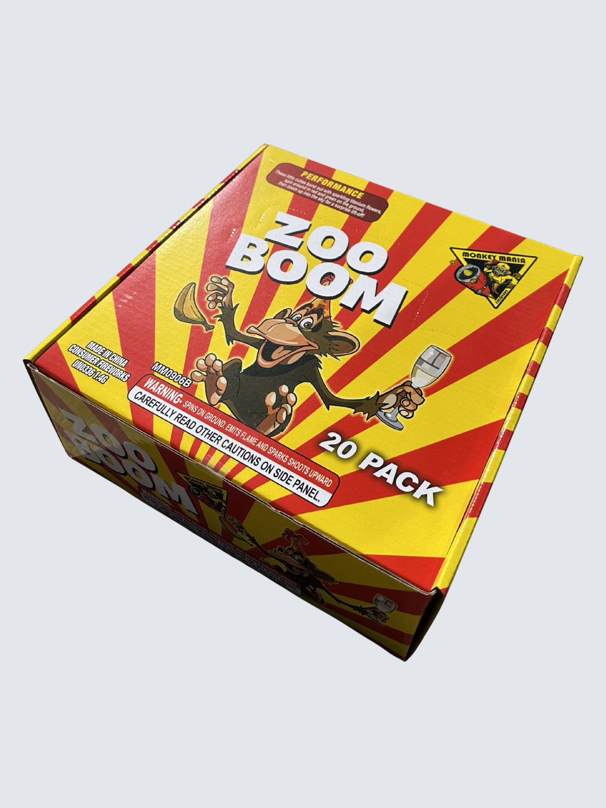 Zoo Boom 20-pack novelty fireworks by Monkey Mania featuring bright red and yellow packaging with cartoon monkey artwork.