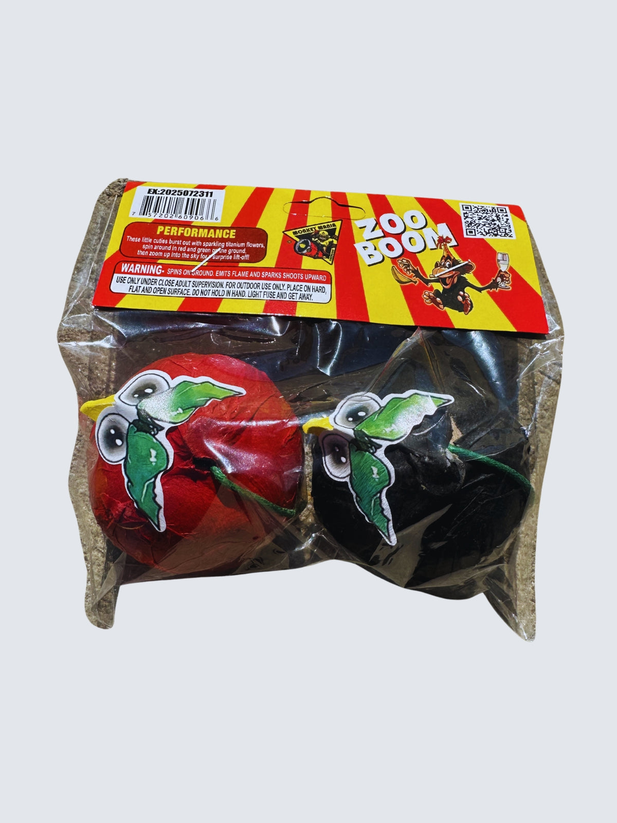 Zoo Boom novelty fireworks featuring red and black animal-shaped designs with cartoon faces in clear packaging.