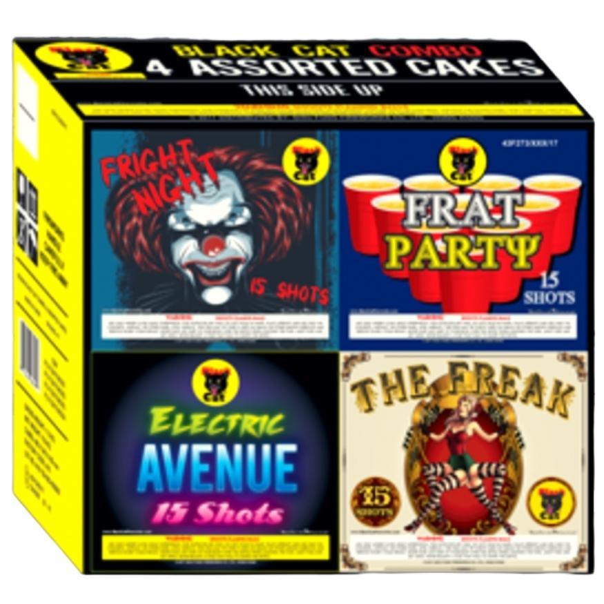 BC Combo Cakes | 60 Shot Box Kit™ - The Freak - Fright Night - Frat Party - Electric Avenue by Black Cat Fireworks -Shop Online for Large Cake at Elite Fireworks!