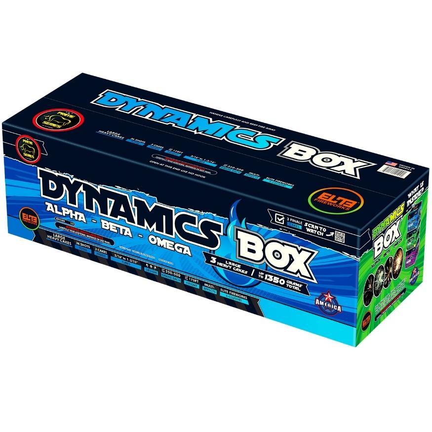 Dynamics Box™｜36 Shot Box Kit™ - Alpha Blast™ - Beta Zoom™ - Omega Boom™ by Prime Series® -Shop Online for Large Cake at Elite Fireworks!