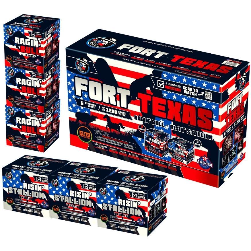 Fort Texas™ ｜75 Shot Box Kit™ - Ragin' Bull™ - Risin' Stallion™ by Texas Rogue Co.™ -Shop Online for Standard Cake at Elite Fireworks!