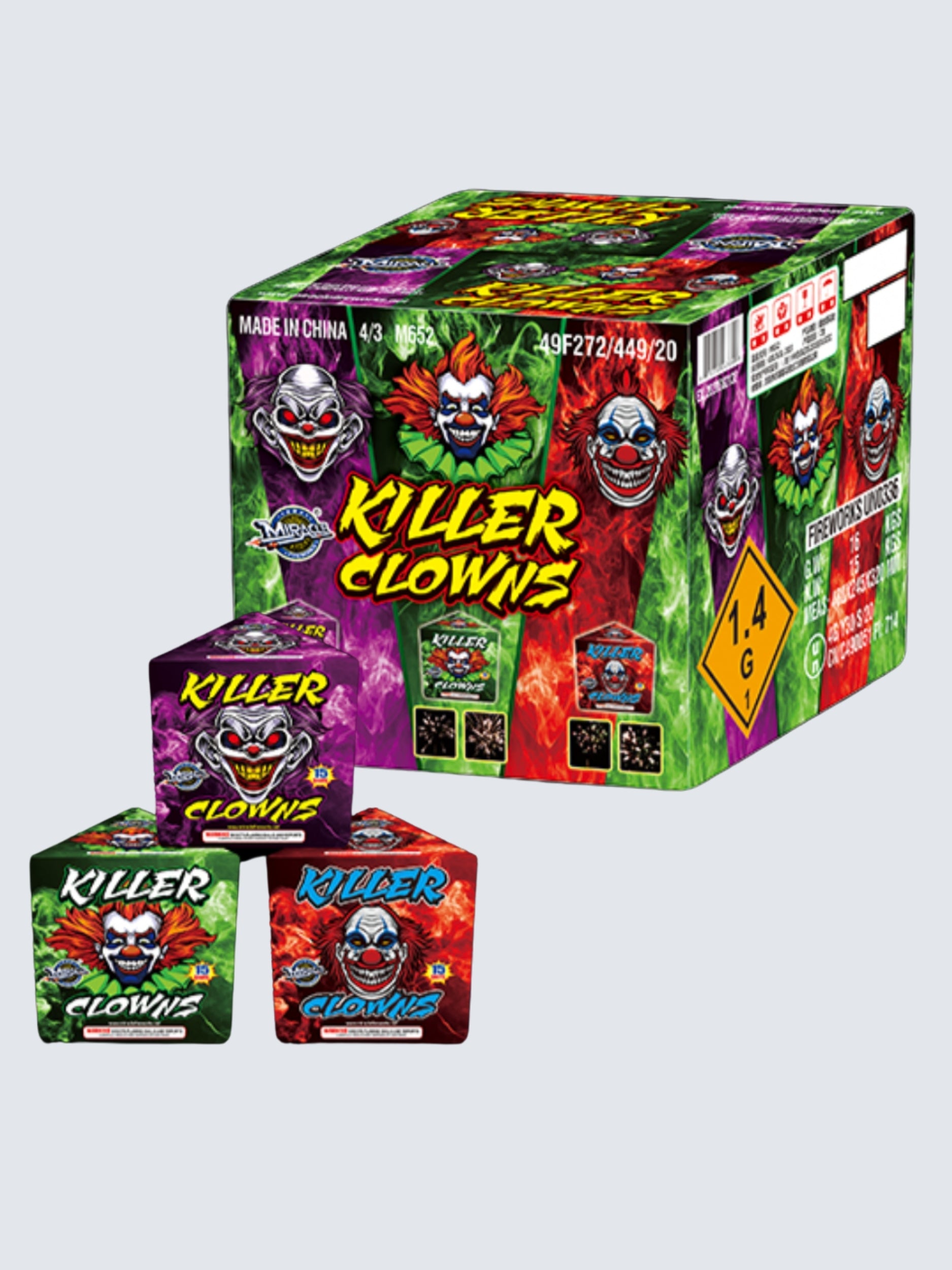 Killer Clown | 180 Shot Box Kit™ - Red Clown - Green Clown - Purple Clown by Pyro Diablo -Shop Online for Standard Cake at Elite Fireworks!