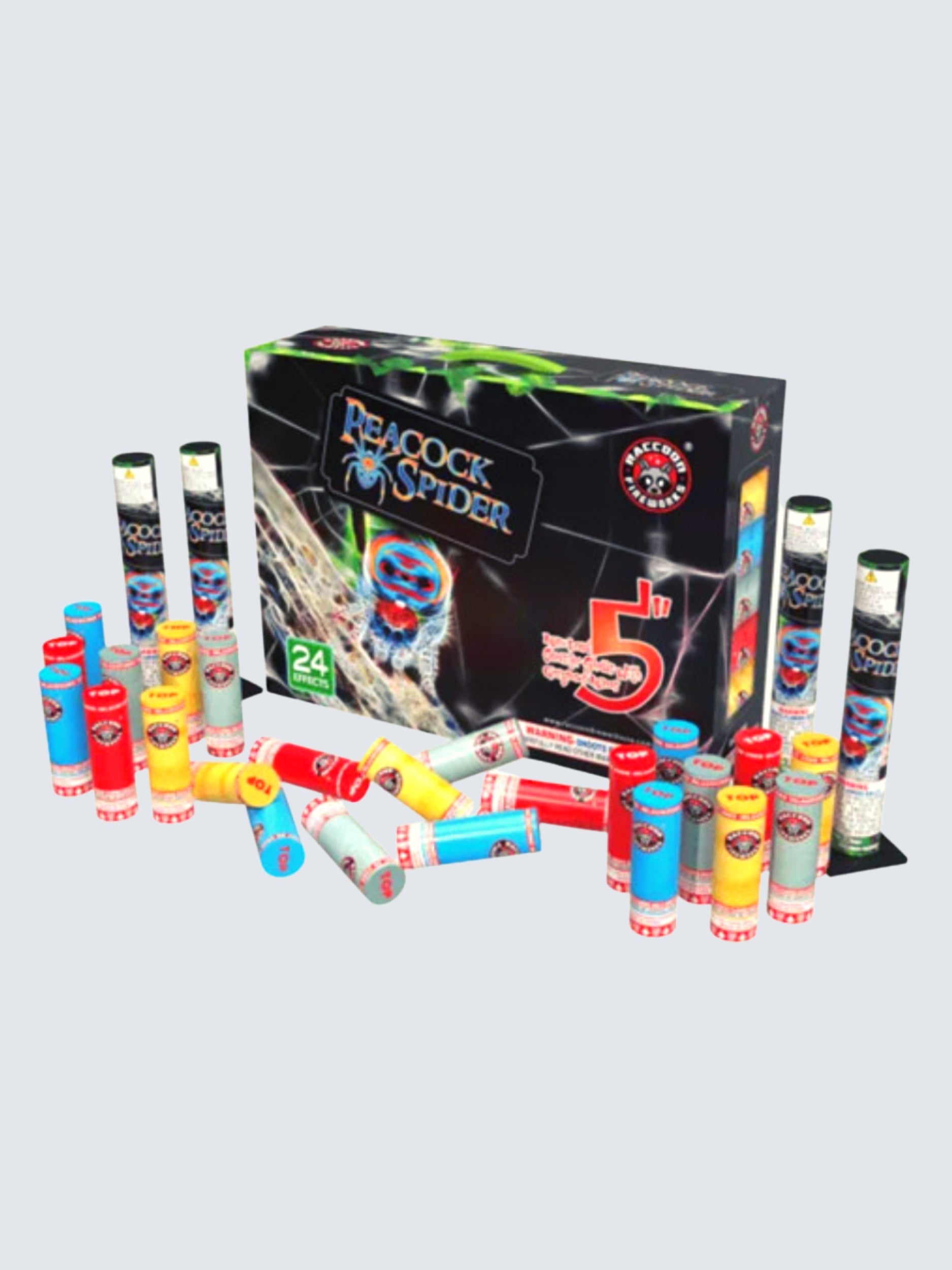 Peacock Spider | 24 Break Artillery Shell by Raccoon Fireworks -Shop Online for X-tra Large Canister Kit™ at Elite Fireworks!