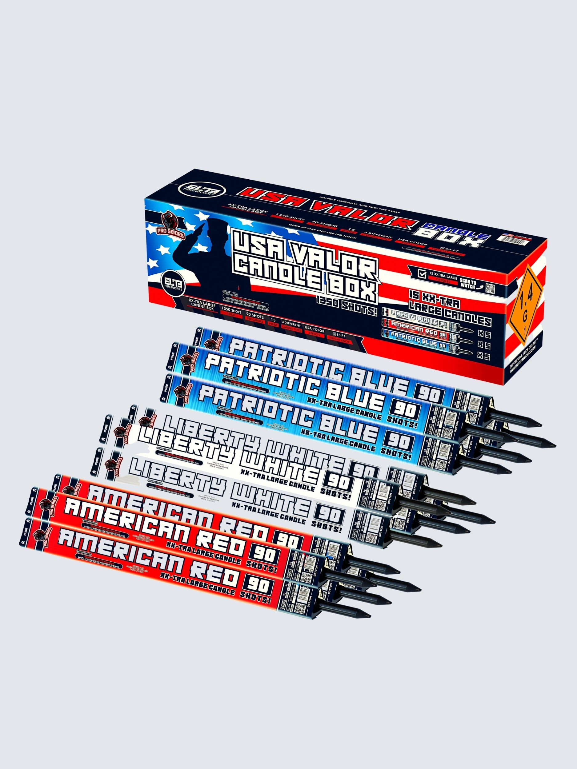 USA Valor Candle™ | 1350 Shot Box Kit™ - American Red™ - Liberty White™ - Patriotic Blue™ by American Pro Series® -Shop Online for X-tra Large Candle™ at Elite Fireworks!