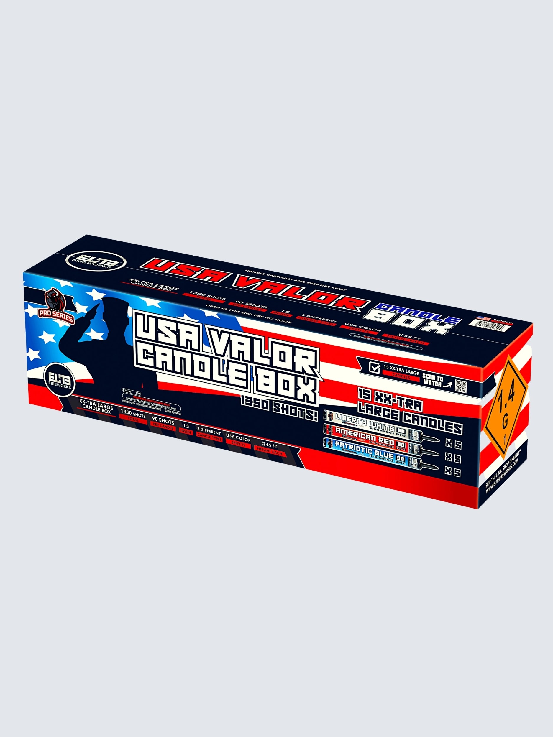 USA Valor Candle™ | 1350 Shot Box Kit™ - American Red™ - Liberty White™ - Patriotic Blue™ by American Pro Series® -Shop Online for X-tra Large Candle™ at Elite Fireworks!