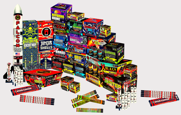 A picture of many of the new products at Elite Fireworks Warehouse in Katy, Texas. Lots of items of cheap Houston fireworks.